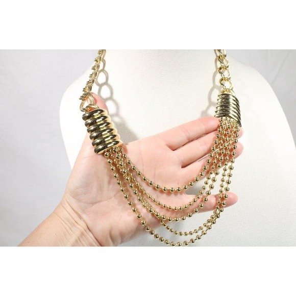 Stephan-Adrian Curb & Ball Chain Multi Strand Necklace Polished Gold Tone 25" - Picture 4 of 6